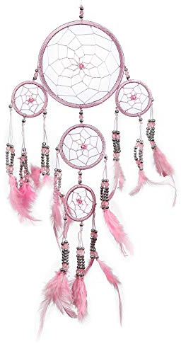 Petit Attrape Rêve Rose Marque Pink Pineapple - Dreamcatcher Indien à Perles Argent & à Plumes Fait Main - Capteur de Rêves et Artisanal - 12 cm de Diamètre, 35 cm de Longueur