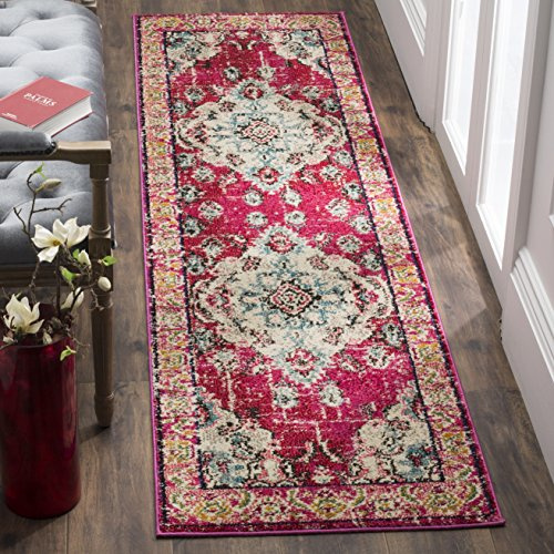 SAFAVIEH Boho Teppich für Wohnzimmer, Esszimmer, Schlafzimmer - Monaco Collection, Kurzer Flor, Pink und Multi, 80 x 180 cm