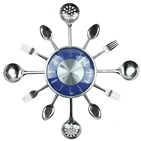 Timelike Küchenuhr mit Glas, Edelstahl 3D Löffel-Gabel-Besteck-Design, Abnehmbarer, Heimdekoration Besteck-Design Uhr Cutlery Kitchen Wall Clock