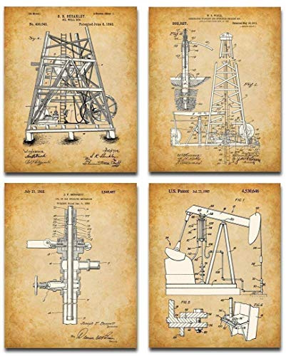Oil Field Decor Rig Patent Art Prints - Set of Four Photos (8x10) Unframed - Great Office Decor and Gift for Petroleum Engineers, Landmen, Drillers and Roughnecks Under $20