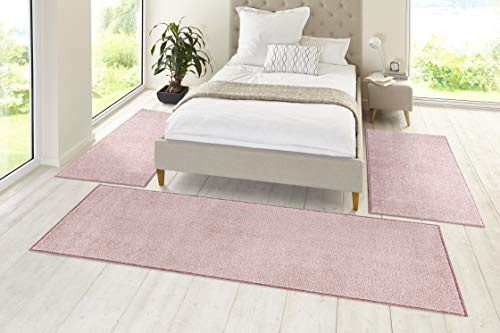 Hanse Home Pure Teppich Bettumrandung 3-teilig – Bettvorleger Bettläufer Teppichläufer Kurzflor Einfarbig Unifarben Läufer-Set für Kinderzimmer Schlafzimmer, Rosa, 2X 70x140cm 1x 70x240cm