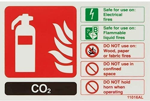 V Safety 11016AL-G Glow In The Dark Co2 Id Fire Extinguisher Sign - 150mm x 100mm - Rigid Plastic, Black/Green/Red