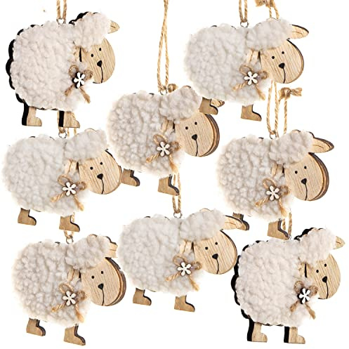 Logbuch-Verlag 8 Schafe Filz Osteranhänger Anhänger Ostern Natur Holz Schäfchen Osterstrauch Holzanhänger 9 cm Deko