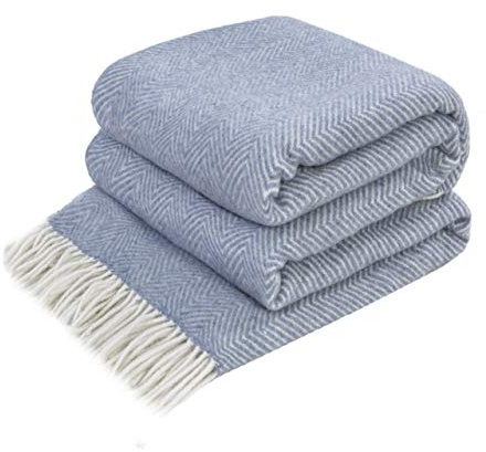 LYHome Merino Wool Blanket - Large Throw Bedspread for Sofa Bed, Single Double Size, Cosy Throws for Sofas & Beds, Soft and Warm Blankets Picnic Camping (55x79 in | 140x200 cm | Blue - White Chevron)