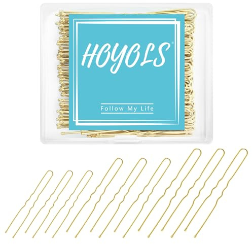 HOYOLS U-formade blonda Bobby-stift blandade storlekar, metallklämmor för bullar kvinnor flickor frisyr Updo tunt tjockt hår guld, 150 stycken