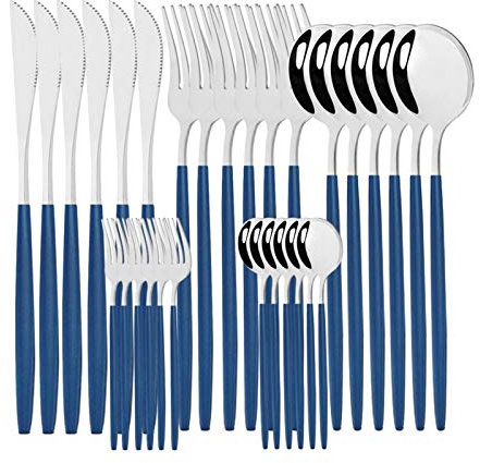 Geschirr Set 18/10 Edelstahl 30 stücke Grün Gold Besteck Set Geschirrmesser Salat Gabel Löffel Besteck Set Spülmaschine Safe essgeschirr (Color : Blue Silver)