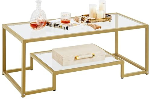 Yaheetech Gold Coffee Table, 42 Rectangular Glass Coffee Table for Living Room, 2-Tier Living Room Tables with Storage Center Tea Tables with Metal Frame for Small Space, Apartment, Office