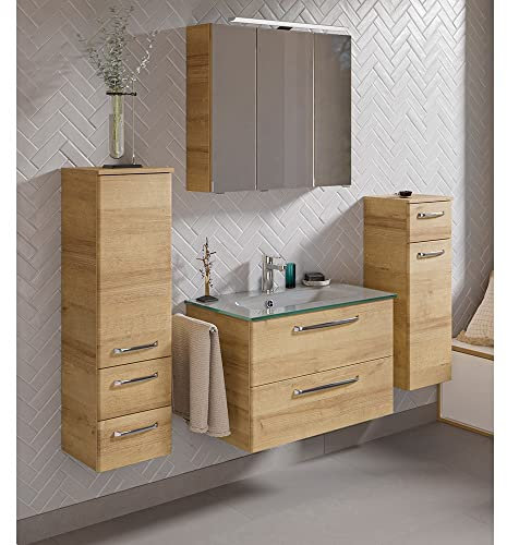 Lomadox Badezimmer Set Badmöbel mit Waschtisch Glas Waschbecken Spiegelschrank Midischrank Unterschrank Beleuchtung in Riviera Eiche Nb., B/H/T: ca. 167/200/50 cm