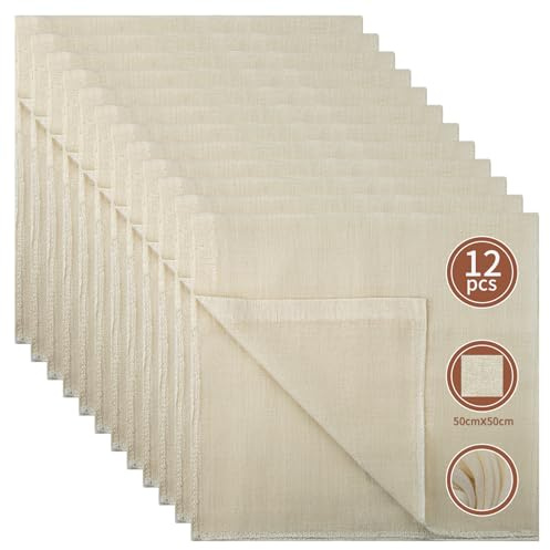 Passiertuch Käsetuch Cheesecloth Leinentuch 12Stück Reine Baumwolle Wiederverwendbar und Waschbar Ungebleichte Seihtuch für Hausgemachten Käse Nussmilch Beeren Obstsaft und Gemüsesaft Abseihen 50x50cm