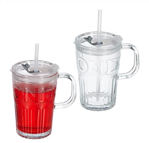 Relaxdays Dricksglas uppsättning av 2, muggar med lock och sugrör, limomugg 450 ml, glasbägare handtag, transparent