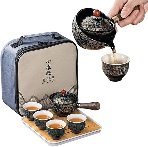 WLDOCA Servizio da tè Portatile da Viaggio in Porcellana, Set da tè Kungfu Floreale in Oro, 1 Teiera, 4 Tazze da tè e Vassoio da tè in bambù con Borsa