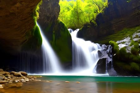 adrium Acryl-Bild 50 x 30 cm: Wunderschöner Wasserfall im grünen Wald, Nahaufnahme eines Fotos, China (205288229)