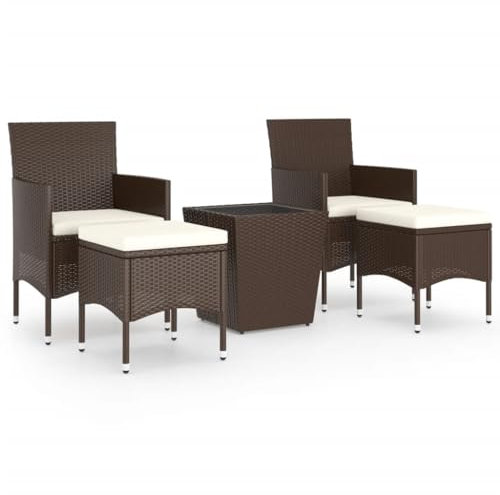 Makastle Bistroset 5-teilig, Bistrotisch Gartenstühle, Kleiner Gartenlounge Balkonset Gartengarnitur mit Kissen, Sitzgruppe im Garten und Balkon, Gartenmöbel Set, Poly Rattan und Hartglas Braun