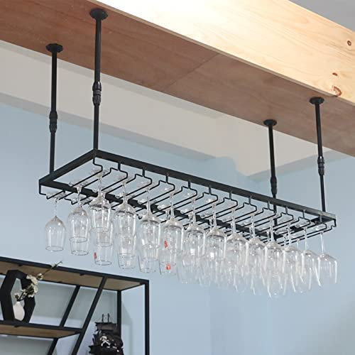 EsEntL Hängende Weinregale, Metalldecken-Flaschenregal, Display-Weinaufbewahrungshalter mit Glasregal für Stielgläser, für Unterschrank, Küche, Bar, höhenverstellbar (Größe: 140 x 35 cm)