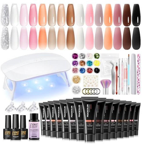 PEACECOLOR 42PCS Poly Nail Gel Kit, 16ML 15 Colours Poly Nail Extension Kit with U V Lamp, Nude Glitter Pink Clear White Brown Extension Gels, Nail Art Decoration Manicure Tools Nail Kit Gift Set