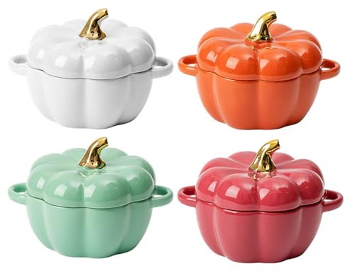 FYUEROPA Pumpkin Bowl Set with Lid and Handle, Set of 4 Ceramic Ramekins for Baking, Casserole Dish Individual Severing Pot, Stoneware, Oven Safe, 14 Oz(Four Colors)