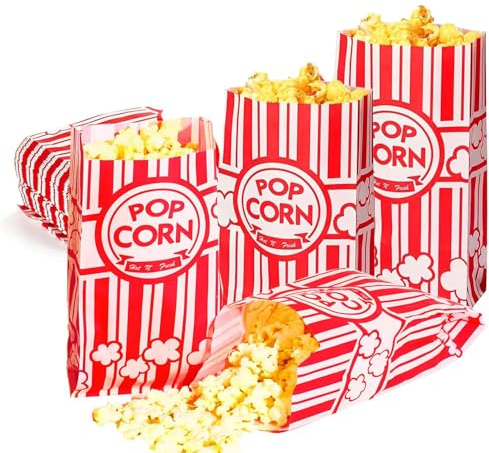 Popcorn påsar, popcorn påsar, 200 stycken, 21 x 9 cm, popcorn box godispåse, liten popcornpåse, röd och vit randig, för saltstänger och godisbar, fest, popcorn