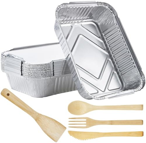 Wuhonghao Lot de 4 barquettes en aluminium avec couvercle - 1900 ml - 26 x 19 x 6 cm - Jetables - Pour barbecue à gaz et couverts de voyage - En bambou - Plat à gratin
