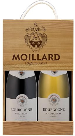 Moillard - Set regalo Chardonnay e Pinot Nero, vini rossi e bianchi di Borgogna in scatola di legno (2 x 0,75L)