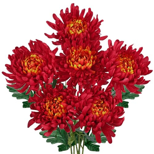 Hollyone 6 Stück Künstliche Chrysantheme Seiden, Kunstblumen Hortensien Seide Plastikblumen, Realistische Rot Seidenblume für Wohnzimmer Büro Deko Tisch Küche