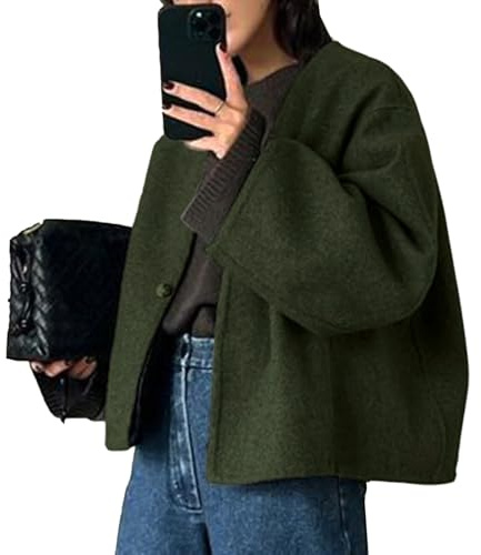 HOTIAN Women's V-Neck Wool Blend Short Coat Long Sleeve Cropped Jacket Fall Winter Peacoat Casual Pea Trench Coats ArmyGreen