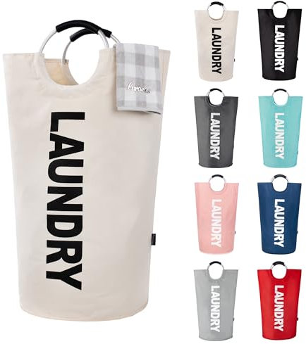 Caroeas 90L Panier à Linge Grande Capacité, Sac à Linge Pliable avec Poignées Rembourrées, Corbeilles à linge，Idéal pour le Rangement et le Transport des Vêtements,Beige