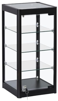 Retail Display Showcases with Sliding Glass Doors & Lock | Aluminium & Wooden Display Cabinets for Shops & Exhibitions (Black Aluminium Glass Countertop Display Cabinet - Lockable + 3 Shelves)