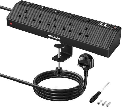 SURAIELEC Desk Extension Lead, 5 Way Desk Power Socket with Clamp, PD 20W | 2m cable with individual switches and surge protection, ideal for home offices, gaming setups and workstations