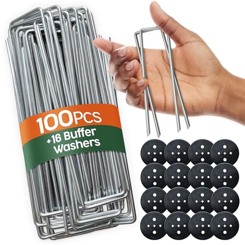 PORTENTUM Agrafes de Jardin 100 pcs + 16 Rondelles – Sardines de Fixation pour Sol Dur, Piquets de Jardin, Piquet Ancrage pour Tomates, Agrafes pour Toile de Paillage et Gazon Synthétique