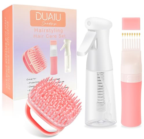 DUAIU Hair Oil Applicator with Continuous Spray Bottle Hair Scalp Massager, Silicone Root Comb Applicator Bottle Shampoo Brush and Mister Spray Bottles for Hair Dye and Hair Care