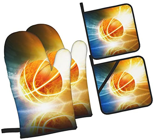 4 Pezzi Set Di Presine Da Cucina Sport Basketball Fire Cold Burning Guanti Da Forno Antiscivolo Divertenti Guanti Da Cucina Per Grigliare, Cucinare, Microonde
