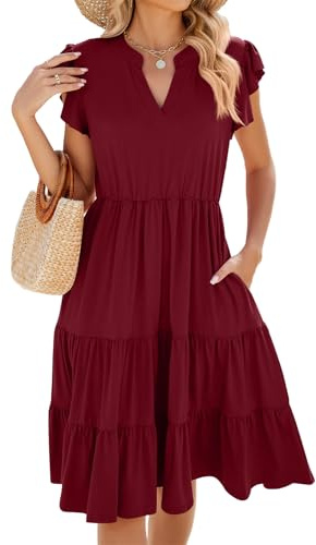 Damen-Sommerkleid, lässig, Flatterärmel, V-Ausschnitt, Rüschenkleid, Flügelärmel, Swing-Mini-Kleid, A-Linie, rot, XXL