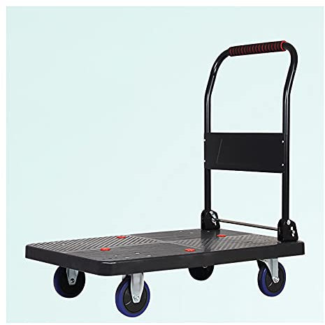 Carrello a mano con piattaforma piatta con pannello in plastica e manico pieghevole in metallo spesso, carrello con ruote silenziose per casa, ufficio e trasporto merci