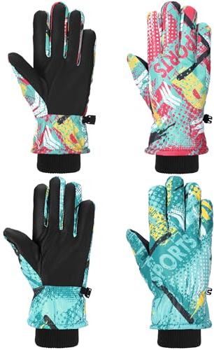 Honoson 2 Pairs Kids Snow Gloves Winter Waterproof Kids Ski Gloves Youth for Girls Boys Outdoor Toddler Snowboard Warm Clothe(Peach Pink, Blue Green,4-8 Years)