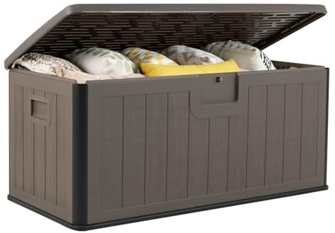 Giantex 100 Gallon Deck Box, Waterproof Resin Box with Lockable Lid, 440Lbs Outdoor HDPE Storage Container Bench for Patio Furniture Cushions, Pool Tools & Garden Accessories (Brown)
