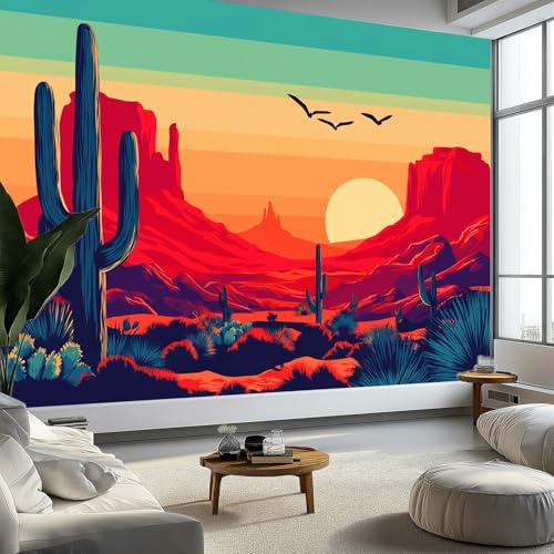 Murales Papel Pintado Atardecer El Desierto Arizona Montañas Cactus 200 x 140 cm Fotomurale Tejido No Tejido, Color Naranja Papel Tapiz Fotográfico - Salon Dormitorio Oficina Hotel Decorativos Murales