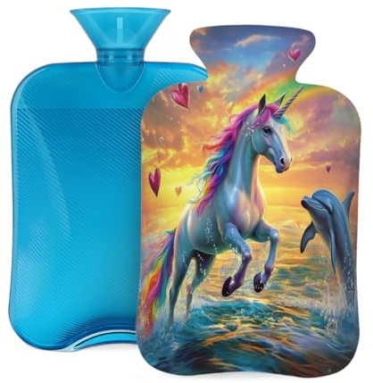 Entemne Wärmflasche, 2 l, Regenbogen-Likorne, Pferd, Delfin, springend, Wärmbeutel mit Bezug, wiederverwendbare Therapie-Tasche zur Schmerzlinderung, Menstruationskrämpfe, Muskelkater, Winterwärme