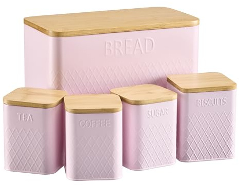 Cooks Professional 5 Piece Embossed Tea, Coffee, Sugar, Biscuit & Bread Cannister Set with Bamboo Lids | Diamond Pattern Labelled Stainless Steel Kitchen Storage Bins Airtight Containers | Pink