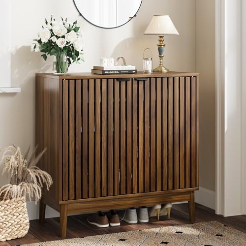 Kiasthome Shoe Storage Cabinet with Ventilated Slatted Doors, Wooden Shoe Organizer, Shoes Rack for Entryway, Hallway, Living Room