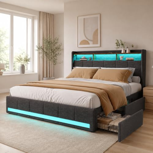 PerGar Polsterbett 180x200 mit Stauraum, USB, LED - Grau, Leinenbezug | Bett 180x200cm mit 4 Schubladen, Kopfteil mit Ladestation. Dual LED, USB Type-C. Leinenbett Grau, Funktionsbett.