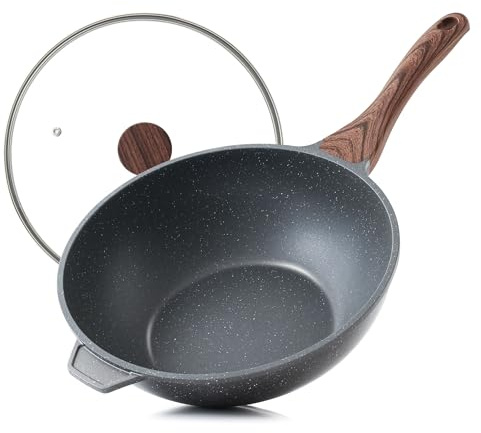 SENSARTE Nonstick Wok Pan with Lid 11-inch, Healthy Stir-fry Pan Induction Cookware with Swiss Granite Coating, Deep Frying Pan Skillet with Stay-cool Handle, PFOA Free
