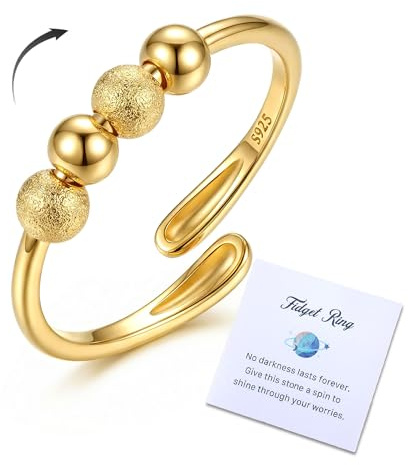 MILACOLATO Fidget Ring for Women 925 Sterling Silver Adjustable Anxiety Ring With Beads Spinner Fidget Rings for Anxiety Girls Gold Silver Stress Relief Rings Gifts(With Gift Card & Box)-G