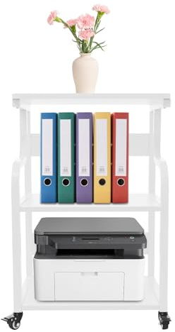 MEELRYD Soporte para impresora de 3 pisos, carro de impresora, mesa de impresión con ruedas universales, armario de madera y metal para fax, fotocopiadora, escáner, 50 x 40 x 74,5 cm, hasta 80 kg