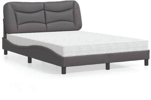 Kaloriko Hvar Säng med madrass, grå 140 x 190 cm, konstläder, vågformsdesign, komfortskummadrass H2/H3, sovrumsmöbler
