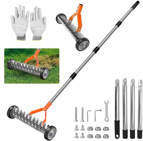 Rastrillo de Césped con Ruedas para Paja, Trabajo 32 cm (Naranja, 1,7 m)