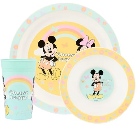 Disney Mickey & Friends - Juego de vajilla infantil de polipropileno de 3 piezas, plato, cuenco y vaso con Mickey Mouse y Minnie Mouse, apto para microondas y lavavajillas, apto para mayores de 36
