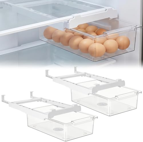 2 Pcs Fridge Drawers Pull-out Storage, PET Clear Under Shelf Refrigerator Organizers with Adjustable Rail, Hanging Fruit Vegetable Food Storage for Kitchen Pantry Freezer, 12 x 7.8 x 3.7 in