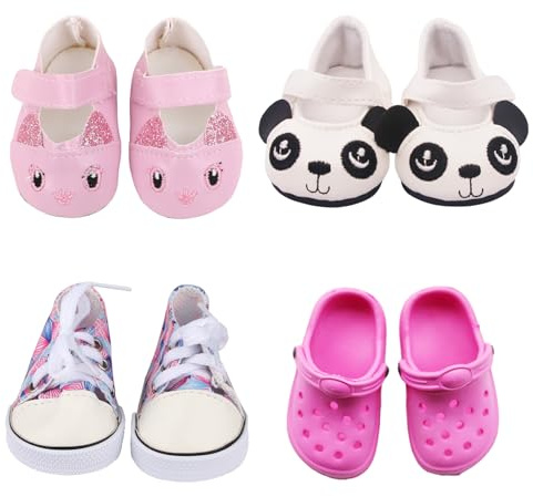 Puppenzubehör Set, 4 Paar Puppenschuhe für 35-45cm Puppen, mit Pailletten Hasen-Schuhe, Panda-, Canvas-Schuhe, Sandalen, Bunte Puppen Schuhe passend zu Puppenkleidung, Geschenk für Mädchen