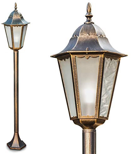Lámpara de exterior Hongkong Frost, lámpara de pie de aspecto antiguo, aluminio fundido en marrón/oro con cristales, lámpara de camino 122 cm, lámpara de jardín retro, E27, IP44, sin bombilla
