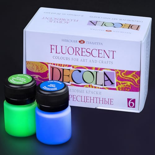 Decola Fluoreszierende Farbe Set | 6 x 20 ml Neon Acrylfarben Wasserfest Leuchtet unter Schwarzlicht | Acryl Farben Neon Hergestellt in Saint Petersburg von Nevskaya Palitra